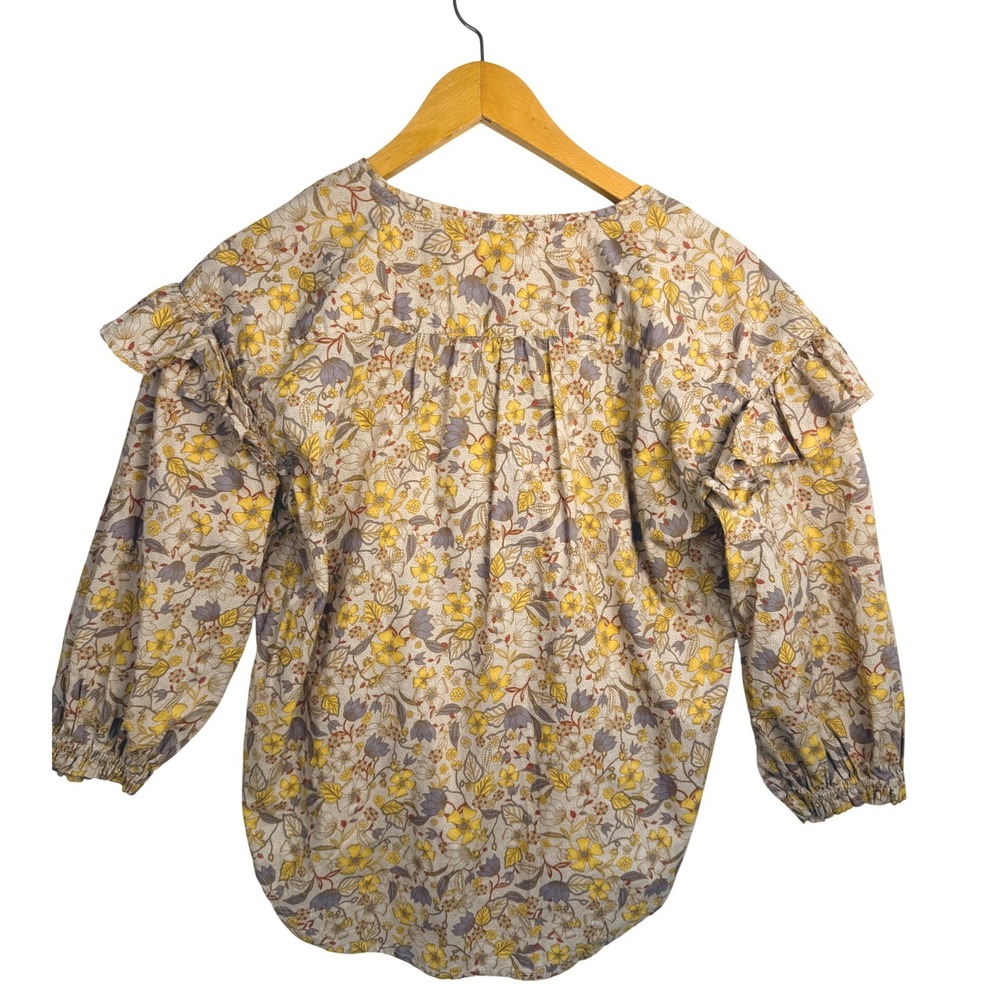 Free Assembly Womens Floral Ruffle V-Neck Blouse Yellow Purple Cotton Small - Picture 2 of 11